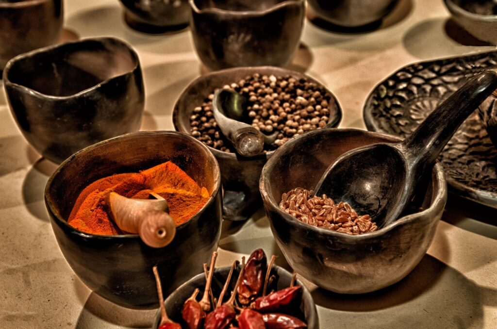 spices, chilies, paprika, powder, chili powder, pepper, grain, dried, ingredients, cayenne, food, hot, mexican, spicy, cuisine, seasonings, pottery, bowls, cups, food, food, food, food, food